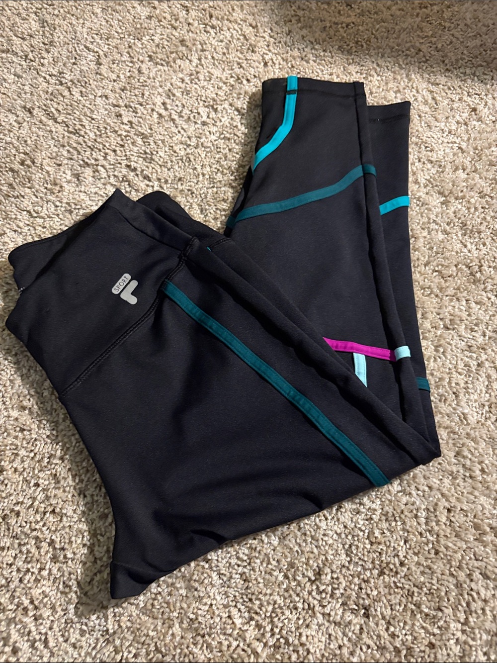 Kids Black Athletic Leggings with Teal & Pink Trim